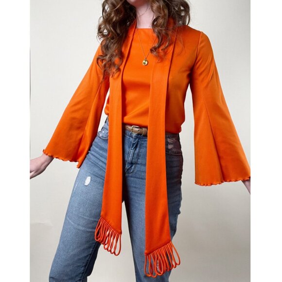 Vintage Union Made Scarf Blouse Set Long Flare Bell Sleeve Fringe Scarf 60s 70s - Picture 1 of 9